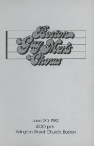 Boston Gay Men's Chorus logo and text: "June 20, 1982, 4:00 p.m., Arlington Street Church, Boston"
