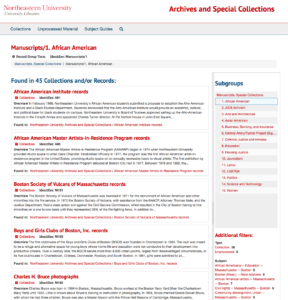 Screenshot of Archives Catalog page listing all collections related to African American history