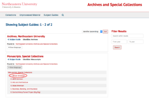 Screenshot of Archives Catalog - Subject Guides page, with African American subject heading highlighted