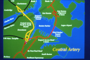 Map of Boston showing the different sections of road construction. The Central Artery is highlighted in yellow.