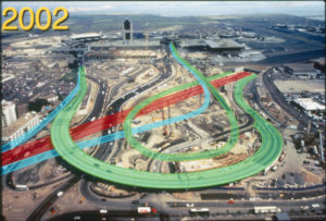 Aerial of Logan International Airport with colored overlay showing future Interstate 90 airport traffic routes.