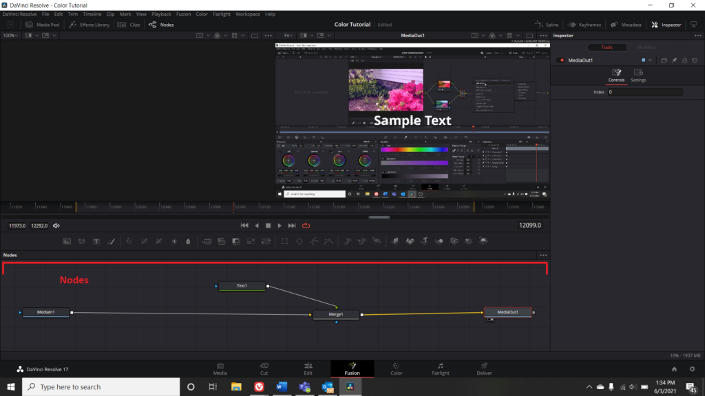 Screenshot of Fusion Menu in DaVinci Resolve with Nodes highlighted