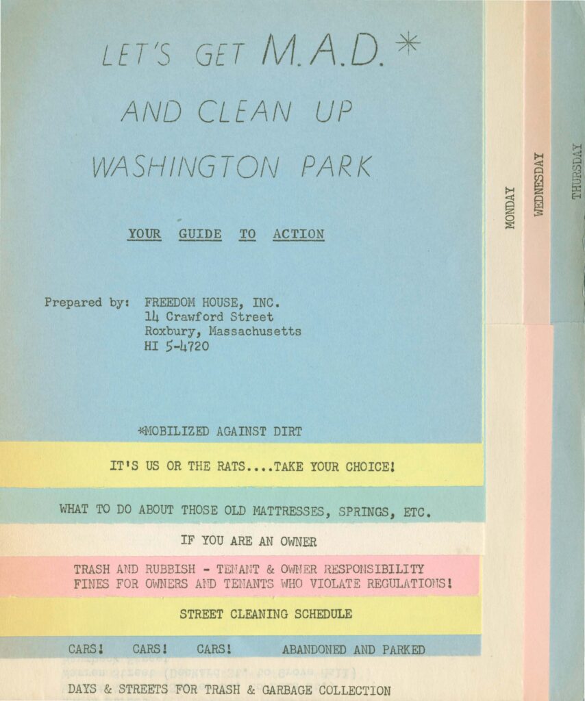 A multi-colored guide with the title "Let's get M.A.D. and clean up Washington Park"