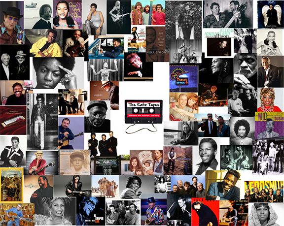 A collage of various musicians and artists. At the center is a cassette tape that is labeled "The Katz Tapes"
