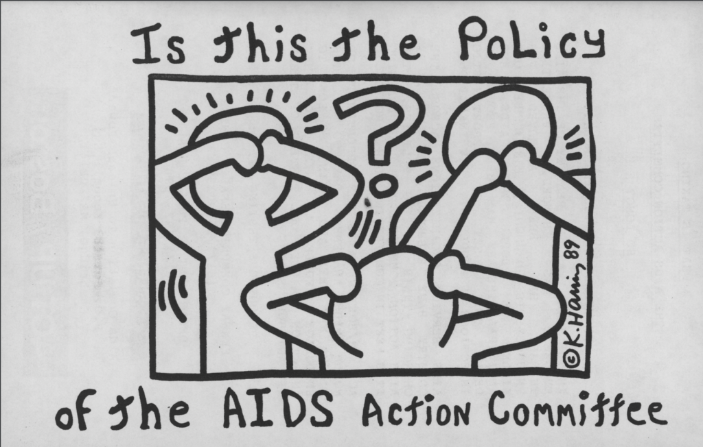A drawing of three outlined people - one covering their eyes, one covering their ears, and one covering their mouth in the "see no evil, hear no evil, speak no evil" sign, with a question mark in the center. Around the edge, it reads "Is this the policy of the AIDS Action Committee"