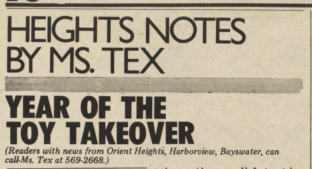 Newspaper clipping of Heights Notes by Ms. Tex. Headline reads Year of the Toy Takeover
