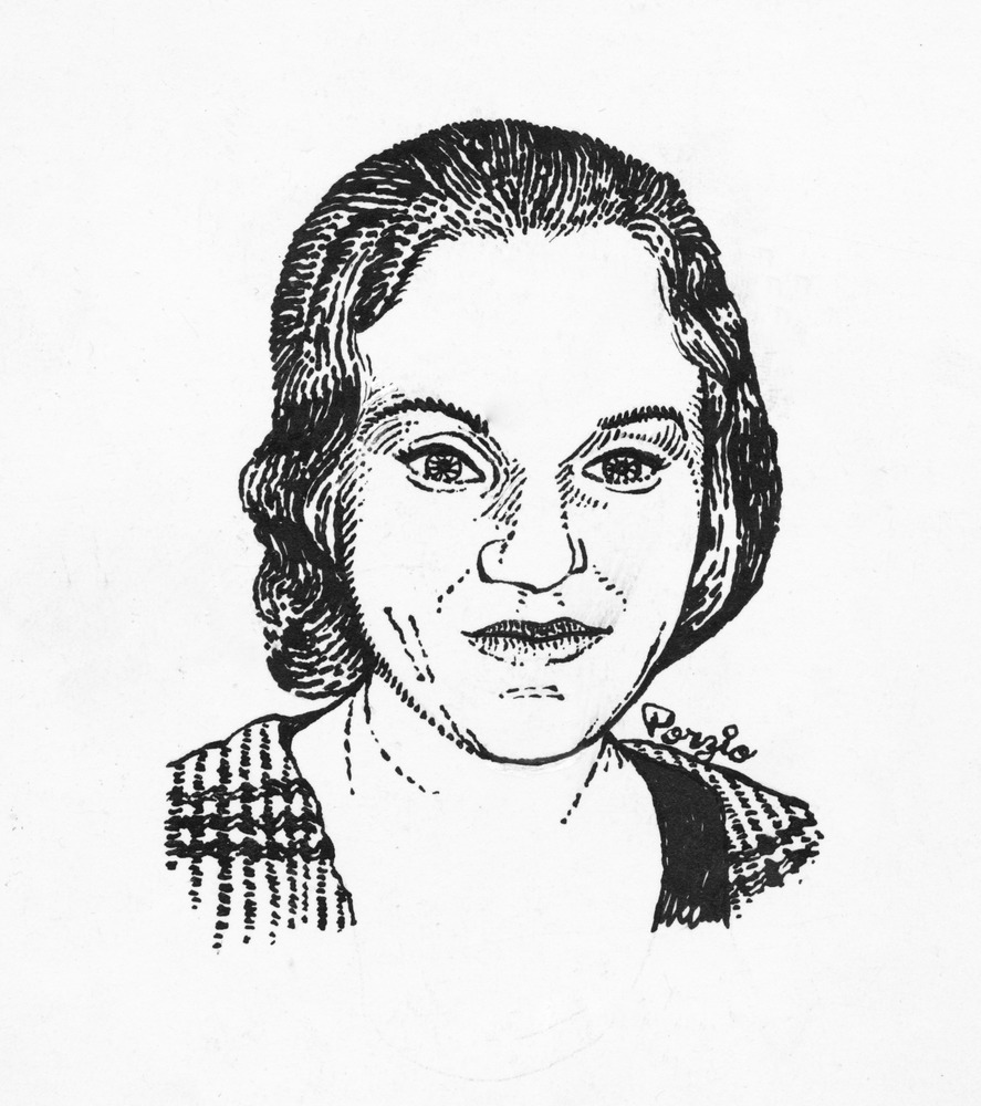 Black ink drawn portrait of Maxine Tassin Ari-Teixeira