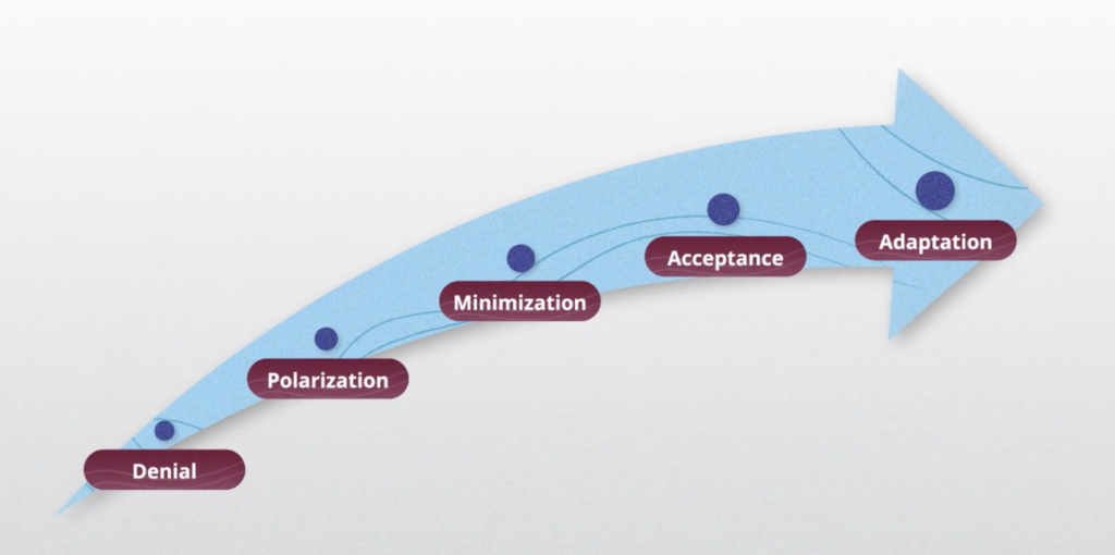 Arrow from left to right, with points labeled Denial, Polarization, Minimization, Acceptance, and Adaptation)