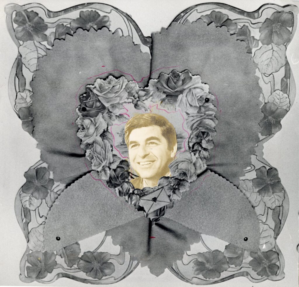 A square black and white valentine featuring Michael Dukakis' face in the middle of a heart of flowers with other flowers in the background