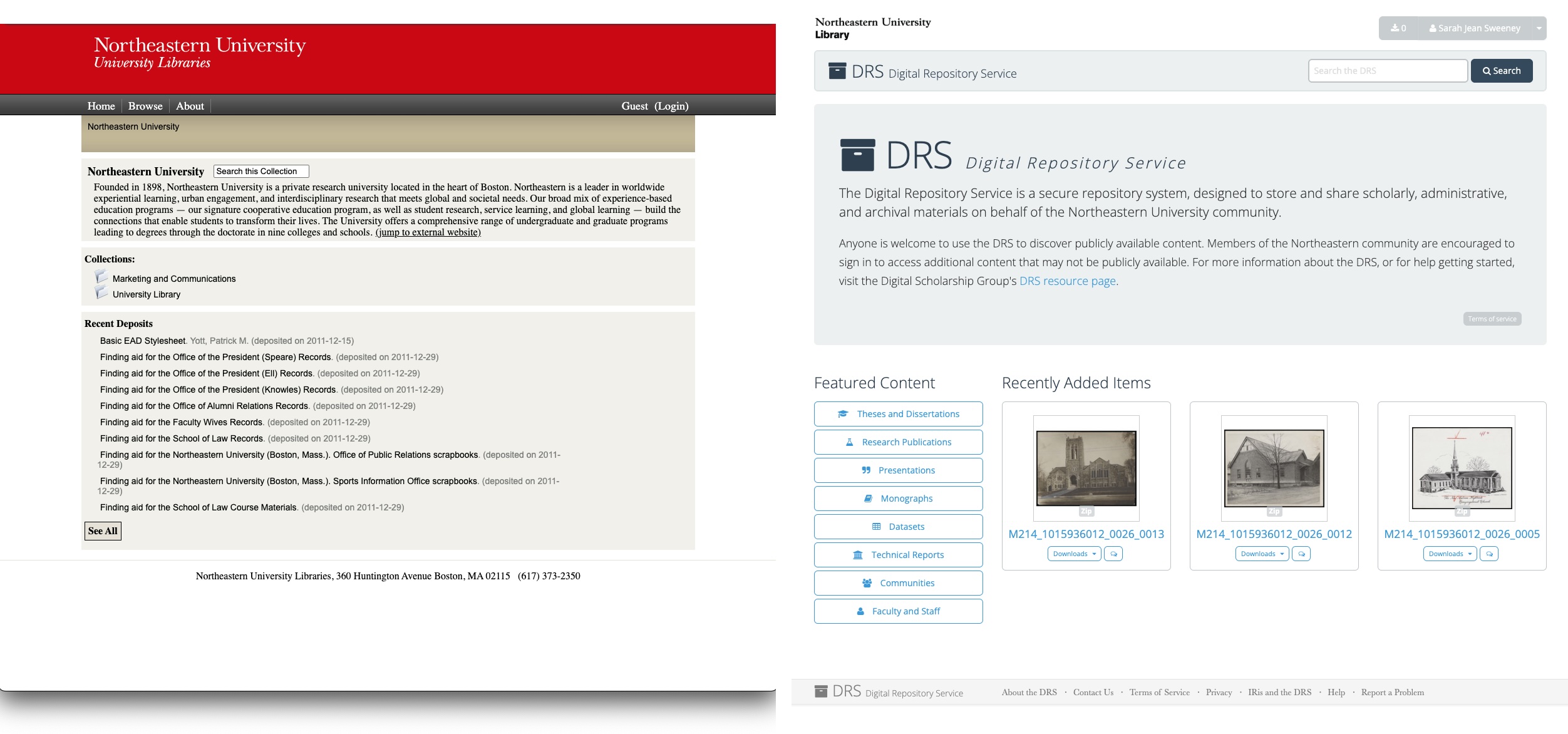 Side-by-side depiction of two versions of the Digital Repository Service homepage