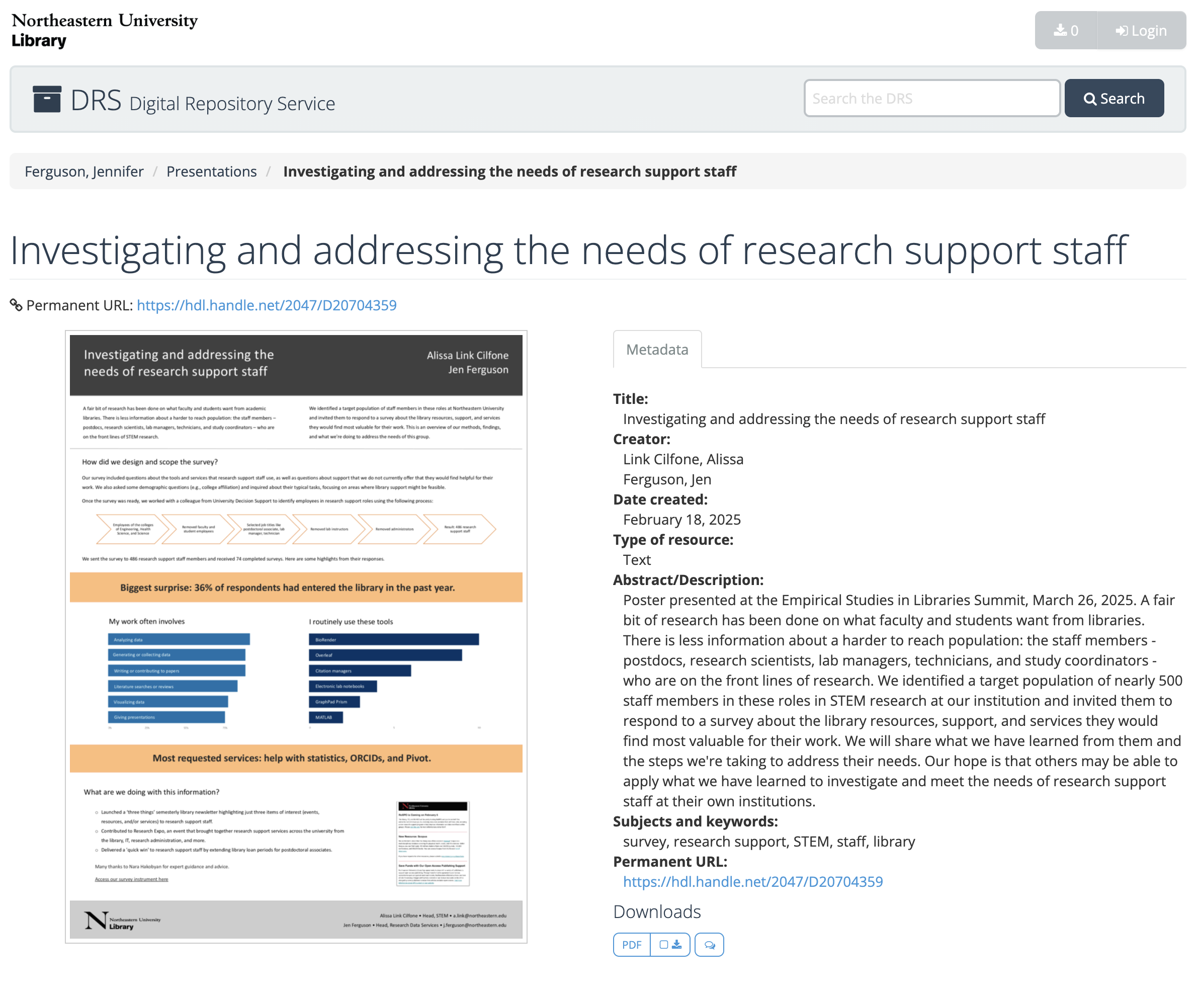 Screenshot of a DRS display of a research poster titled "Investigating and addressing the needs of research support staff"