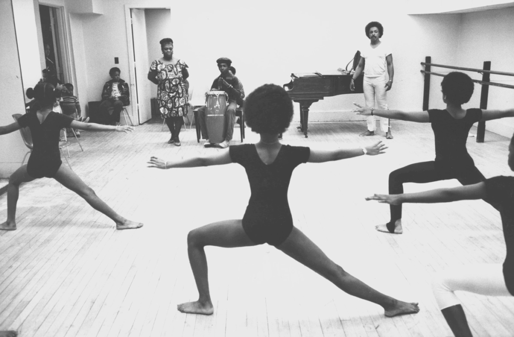 Black and white image of ballet dance class