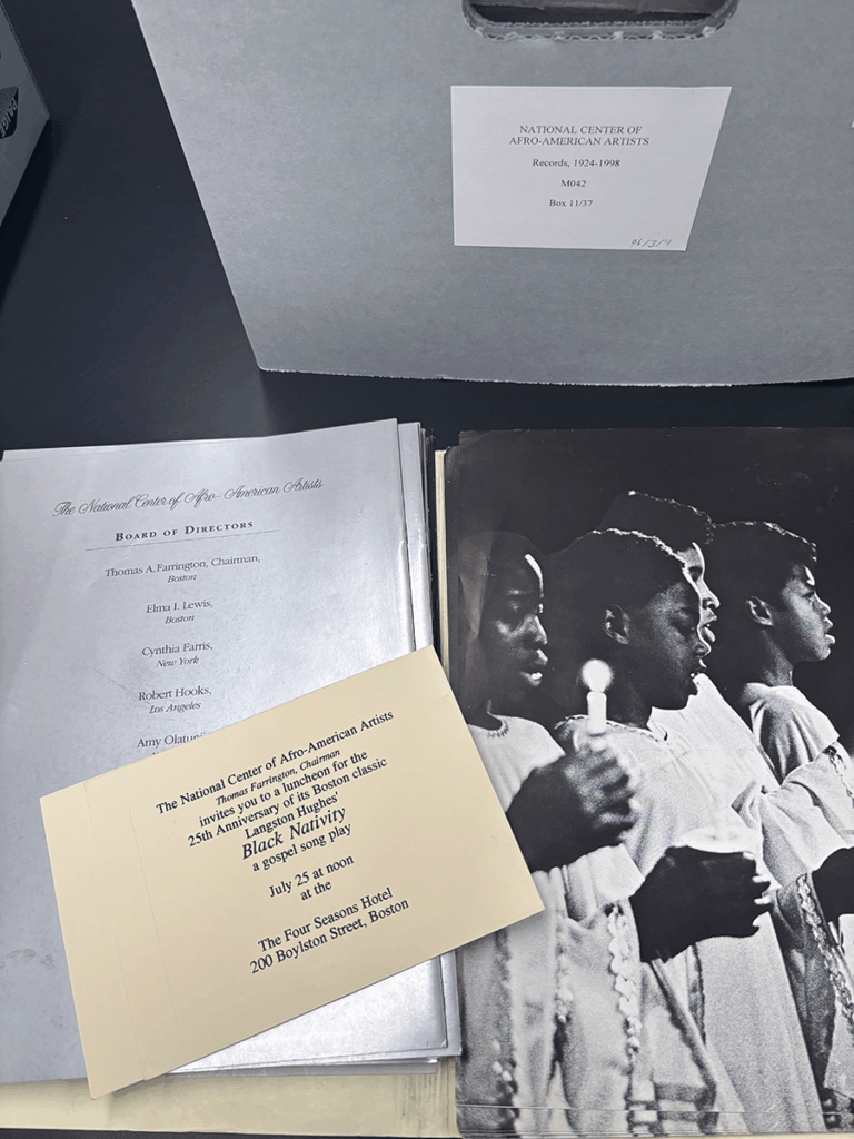 An archival box from the Elma Lewis collection, with a selection of photos and papers