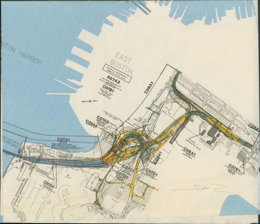 Map of Boston with different colored lines representing streets and highways. Various area are labeled with contract numbers