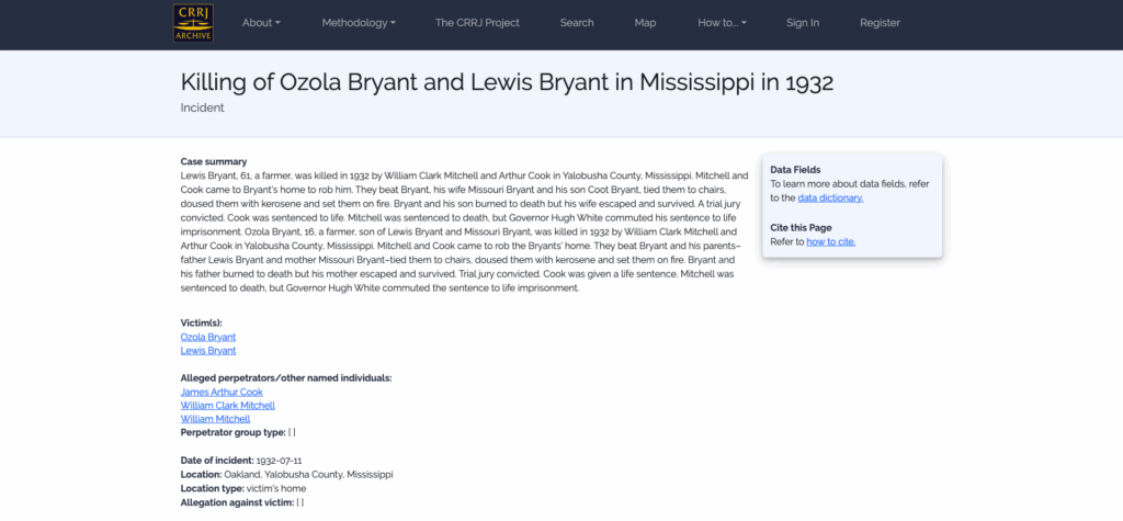A screenshot titled "Ozola Bryant and Lewis Bryant in Mississippi in 1932" with a case summary and other categories of metadata