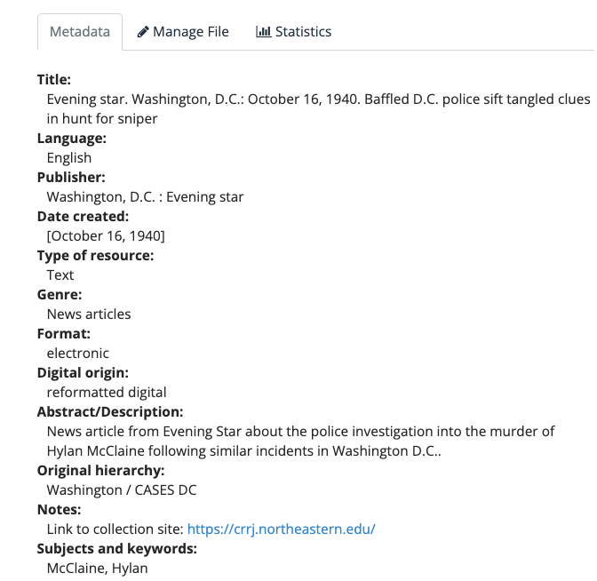 List of metadata tied to an article titled "Evening Star. Washington, D.C.: October 16, 1940. Baffled D.C. Police Sift Tangled Clues in Hunt for Sniper