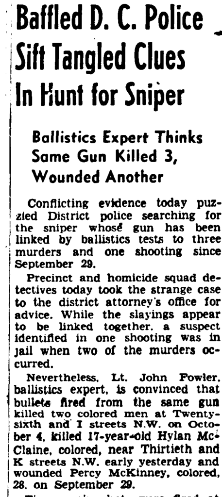 Newspaper clipping with the headline "Baffled D.C. Police Sift Tangled Clues In Hunt for Sniper"