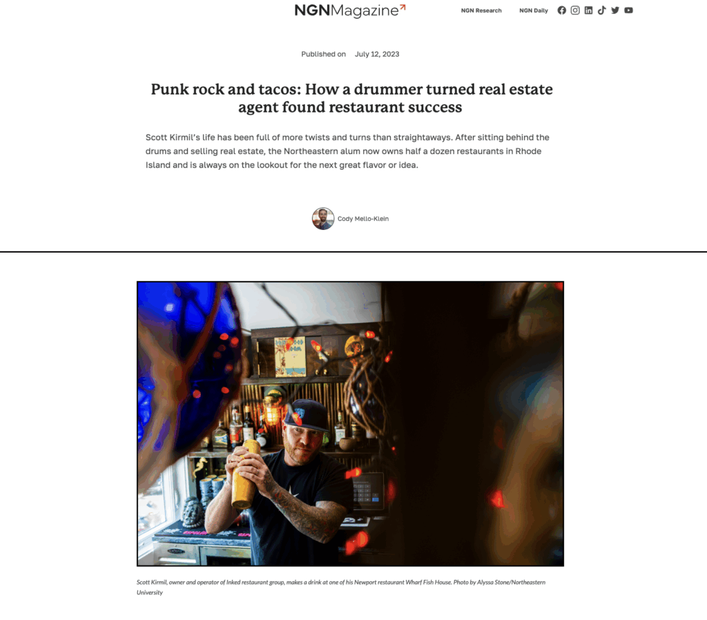 Screenshot of an article on a web page titled NGN News. The headline is "Punk rock and tacos: How a drummer turned real estate agent found restaurant success." Under the headline is a photo of a man wearing a black baseball cap and t-shirt shaking a yellow cocktail tumbler behind a bar.