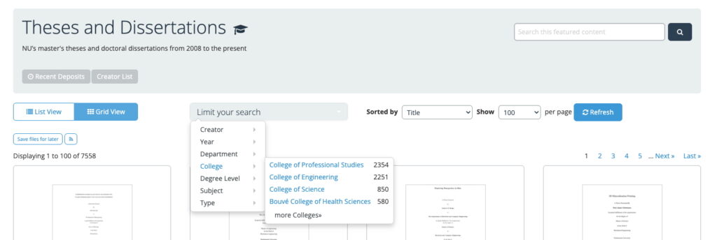 Screenshot of the DRS with the heading Theses and Dissertations, with several drop-down menus