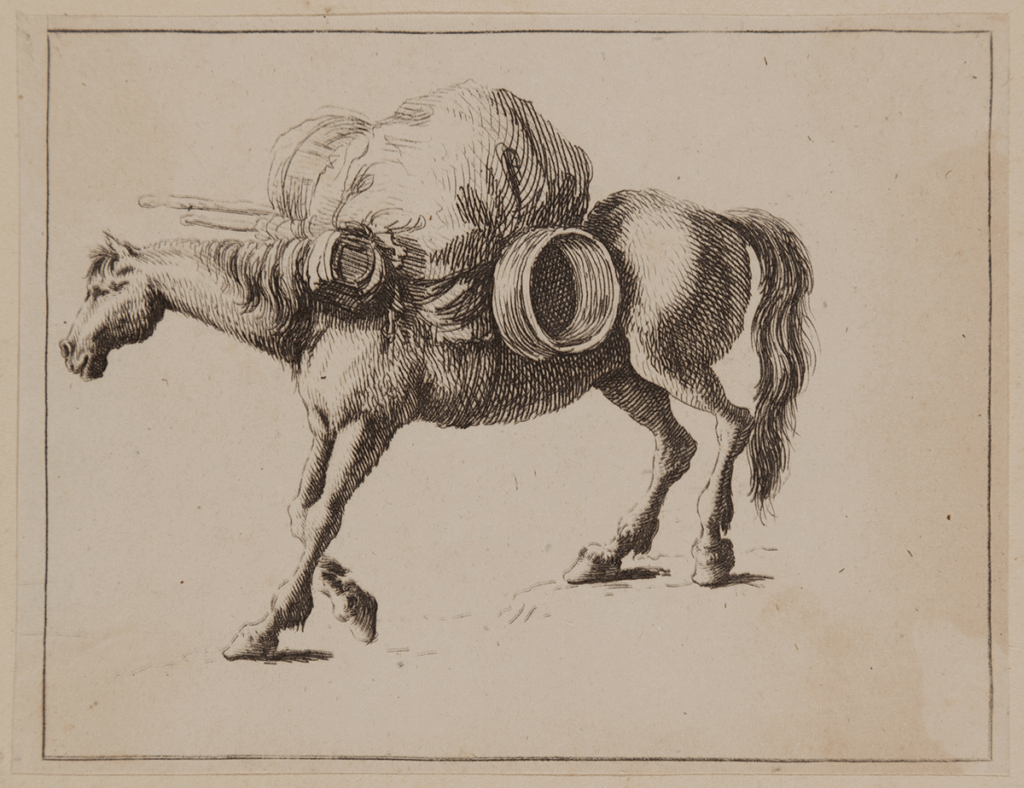 Etching illustration of a horse walking with a large pack on its back
