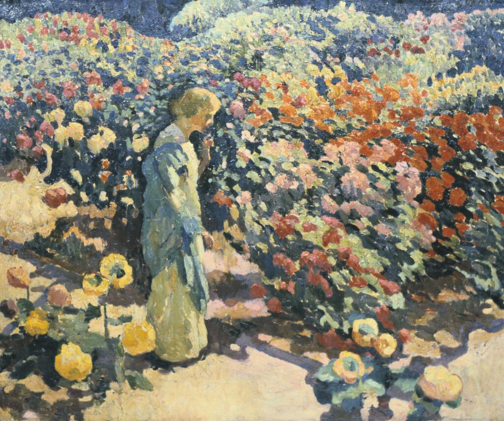 Painting of a person standing in a field of flowers